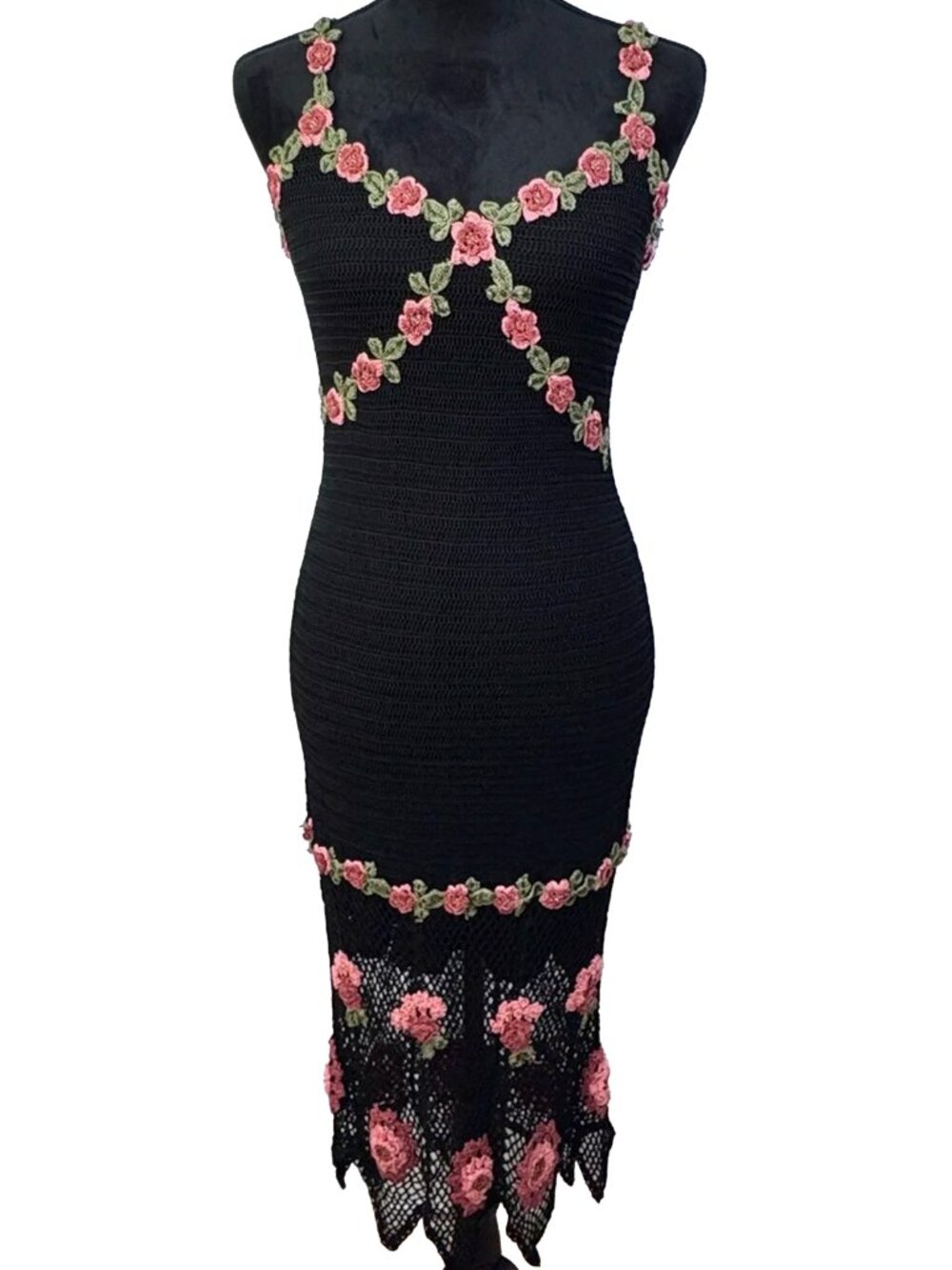 Stunning Vintage Cache Y2K Crochet Floral Appliqué Dress